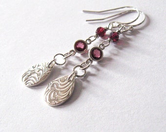 Rhodolite Garnet Fine Silver Dangle Earrings, Eco Friendly Silver Swirl Pattern Gemstone Earrings, Ear Wire Options