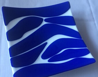White and Blue Fused Glass Platter