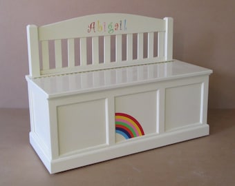 Wooden Toy Chest-Bench-Antique White-Rainbow