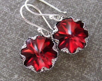 Garnet Red Earrings Sterling Silver Swarovski Deep Red Crystal Earrings Red Dangle Earrings Red Drop Earrings
