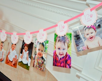 Cupcakes & Polka Dots: Just Born/0-12month Cupcake First Birthday Photo Picture Banner. First Birthday Banner. First Year Banner.