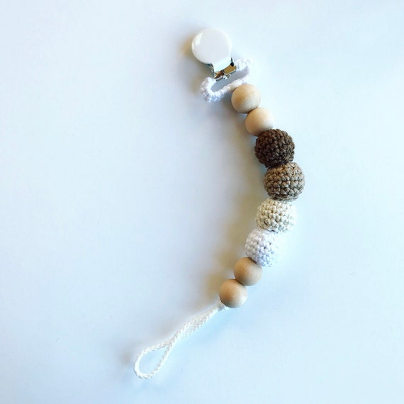 NomiLu Tootsie Roll Clip -- Crocheted Beads Pacifier Clip -- Eco-friendly pacifier clip -- crocheted wooden beads -- Baby Teether
