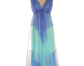 Vintage Aqua Blue Nylon Chiffon 2PC Nightgown Blanche Ralph Montenero Long Sweeping Hemline M