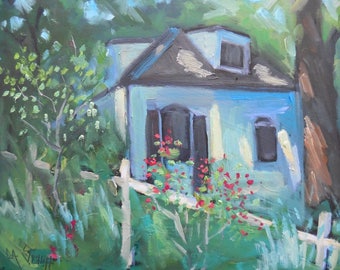 Landscape Oil Painting, Woodland Cottage, 6x8" Original Art on Canvas Covered Panel, Free Shipping in US
