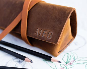 HUGE SALE 50% Off Leather Triangle Pencil Case - Art Supplies-Makeup-Glasses Case- Personalized.. Full Grain Leather