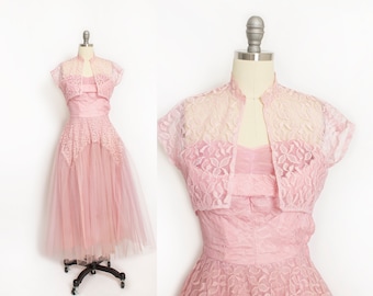 Vintage 1950s Dress - Pink Lace & Tulle Sweetheart Strapless Full Skirt Party Prom Bolero Set 50s - XS Extra Small