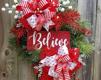 Christmas wreath, Evergreen wreath, Christmas wreaths, Whimsical wreath, Christmas decor, Christmas, glittered Christmas sign, Red wreath