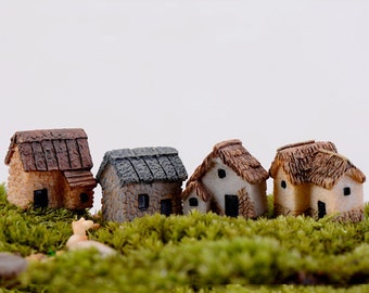 4pcs Mini House Cabin Terrarium Figurines Zakka Fairy Garden Decor Miniatures Bonsai Tools Resin Craft Micro Landscape Home Ornaments Gnomes