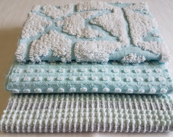 CHP027 ~ Vintage chenille Soft aqua White tuft Pearl popcorn Silver threads Aqua fabric White balls Morgan Jones 3 Chenille piece