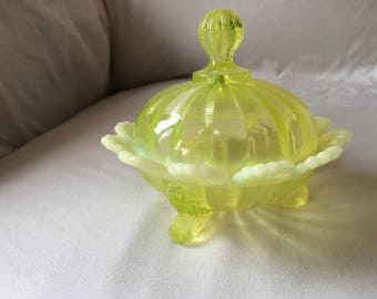 Vintage Vaseline Glass Covered Candy Dish