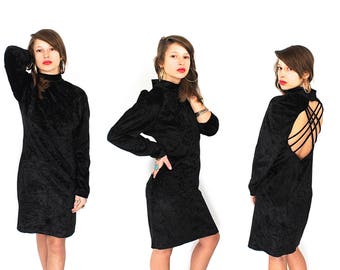 Vintage Black Velvet Dress - 90s Crushed Velvet Dress - 90s Black Velvet Mini Dress - Criss Cross Back Velvet Dress - Velvet Mini Dress