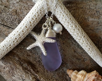 Handmade in Hawaii, Wire wrapped "Magical Color Changing" Purple sea glass necklace, Sea starfish charm