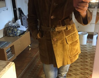 Vintage 1960s 1970s Suede Belted Coat, Groovy Retro Medium M