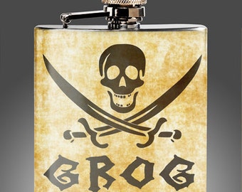 Pirate Flasks - Grog Whiskey Flask with a vintage look, Best Man Gift, Captain Morgan,Rum, Gift, Stainless Steel 6 oz Liquor Hip Flask