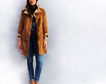 Leather Shearling Coat, Vintage 70s Leather Sheepskin Coat, Warm Leather Winter Coat, Leather Coat, Duster Coat Leather, Boho Shearling Coat