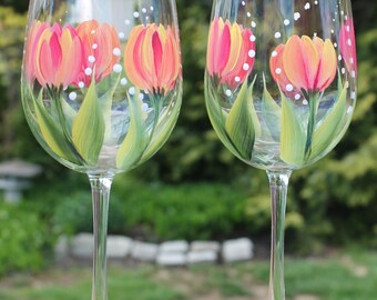Hand Painted Wine Glasses - Tulip American Dream on Green Stem Glasses (Set of 2)