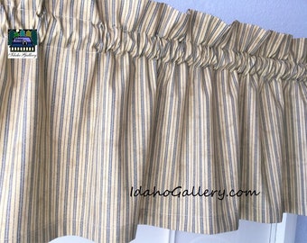 Primitive Rustic Country Curtain Tea Stained with Blue Ticking Valance Farmhouse Curtain Window Treatment Country Curtain 11" L x 41.5" W