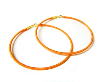 Orange Hoop Earrings, Large Hoops, Thread Wrapped Earrings, Lever Back Earring, Fashion Jewellery UK