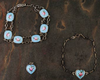 Antique Guilloche Enamel Bracelets and Charm Set-Sterling Silver, Taille Roses