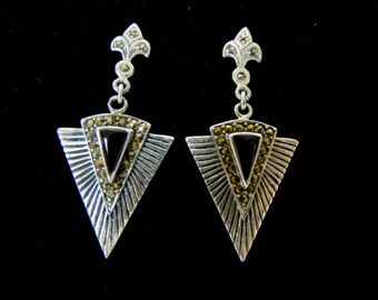 Pr of .925 Sterling Silver & Black Onyx Dangle Earrings 7.2g E2128