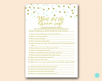 Mint Gold Bridal Shower Games, What did the Groom Say, What did he say about her, Newlywed Game, Bridal Shower Game, Games Download BS488