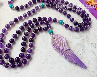 Archangel Jeremiel Mala Beads | Amethyst Prayer Beads | Angel Wing Mala Necklace | Angel Jewelry