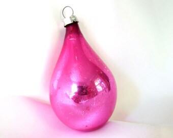 Vintage Christmas Ornament, Hot Pink Teardrop Holiday Ornament from Western Germany