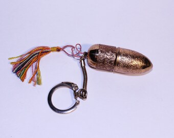 Vintage Sewing Keychain, Bullet Style Sewing Kit, Gold Key Chain Austria, Vintage Needle Case