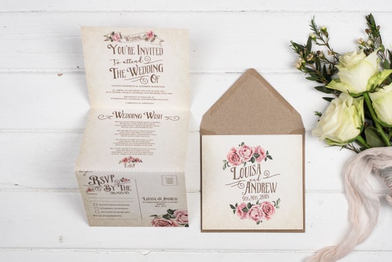 Rustic Wedding Invitation - Double-Folded Ivory Rustic Rose (portrait)