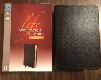 PERSONALIZED ** NIV Large Print Life Application Study Bible - Black Bonded Leather ** Custom Imprinted