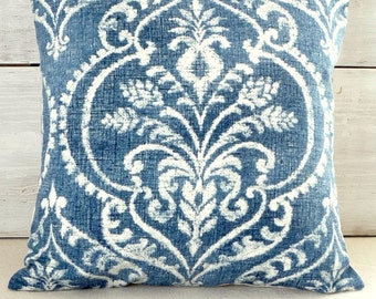 Denim Blue Damask Pillow Cover - Blue Throw Pillow - Shabby Cottage - Farmhouse - Beach