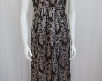 1960's Union Labeled black and silver metallic brocade maxi dress size XS