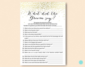 Gold Bridal Shower Games, What did the Groom Say, What did he say about her, Newlywed Game, Bridal Shower Game, Games Download BS472B