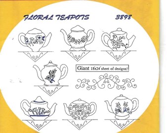 New Aunt Martha's Hot Iron Transfers Floral Teapots 3898