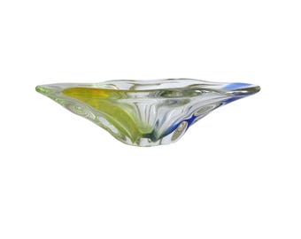 Napochim Romania modernist art glass bowl -- large +2kg yellow and blue art glass bowl with label -- Romanian art glass