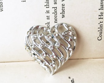 Silver Heart Pin, Silver Heart Brooch, Rhinestone Heart Brooch, Rhinestone Heart Pin, Small Heart Pin, Valentines Day Pin, Heart Jewelry