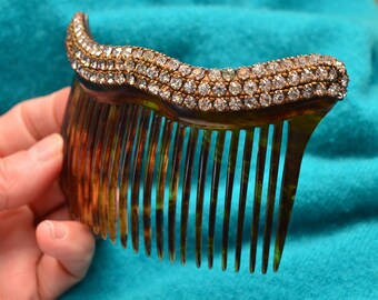 Vintage Celluloid Hair Comb, Faux Tortiseshell, Rhinestones, 1920s, Antique Hair Ornament, Amber Celluloid, Christmas Gift, Gift for Her