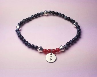 Mental Health Awareness bracelet of snowflake obsidian and carnelian with semicolon charm