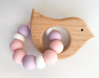 Bird Teether Ring - pink & purple