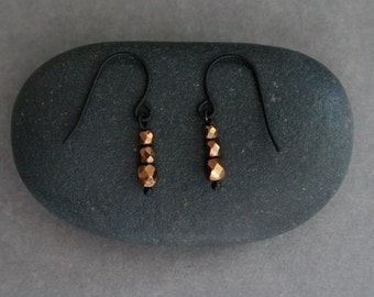 small bronze earrings with faceted beads - everyday jewelry - tiny earrings