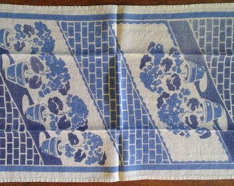 Vintage Blue Floral Tea Towel - 1940s - Geraniums in Pots