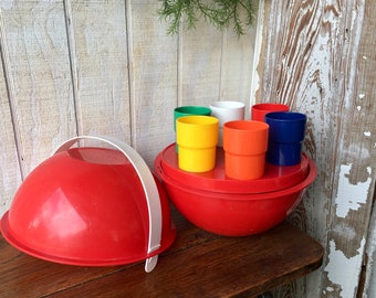 Vintage Red Picnic Ball With Service for Six, Camping Set , Picnic Basket