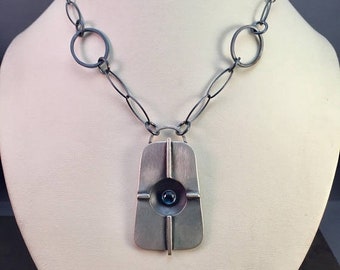 25% Off London Blue Topaz Cabochon Sterling Silver Modernist Industrialist Necklace Pendant