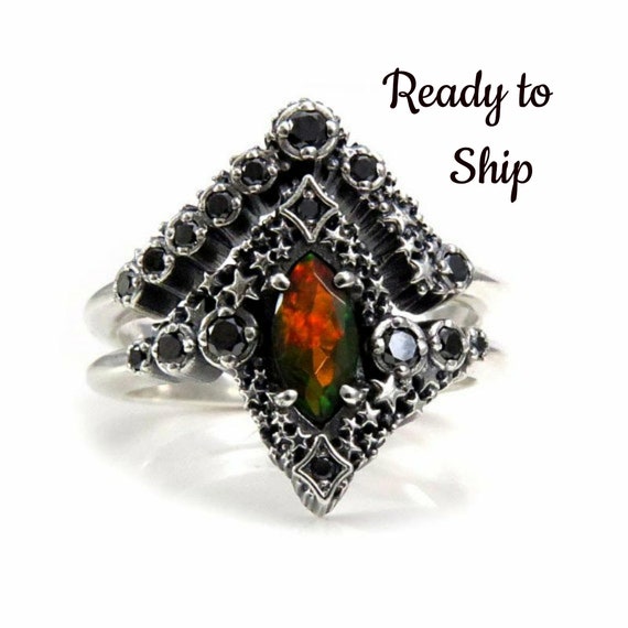 Ready to Ship Size 6 - 8 Black Opal Stardust Engagement Ring Set with Black Diamonds - Sterling Silver