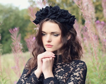 Black velvet flower hairband, flower crown, rose hairpiece, festival flowers