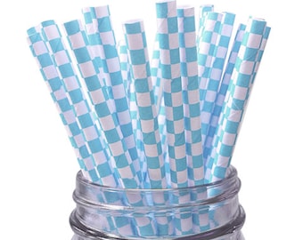Light Blue Checkered 25pc Paper Straws