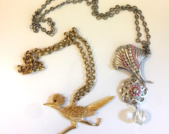 SALE Vintage 2 Necklaces Pendant Floral Romantic Boho Eclectic Pink Rhinestone Funky Resale Summer Lot Wholesale Silver Gold Crystal
