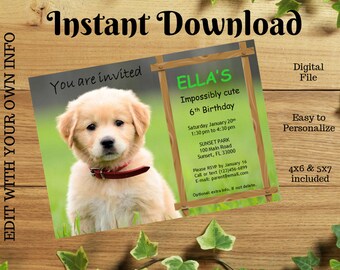 Puppy Birthday Party Invitation Editable Instant Download