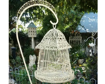 Vintage White Shabby Chic Ornate Curly Twisted Metal Bird Cage On Stand - Spanish Revival Curled Metal Birdcage