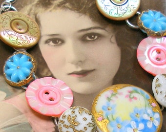 Spring Garden Antique BUTTONs bracelet. Victorian Flowers on sterling silver, 7.5" one of a kind jewellery.